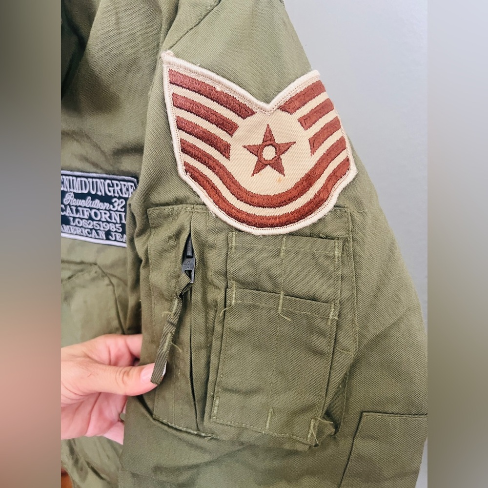💣🫒DENIMDUNGREE GREEN AVIATOR BOMBER JACKET W/PATCH WORK SIZE X-S/SMALL - Picture 7 of 11